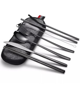 Valkyrie 8 Parça Çantalı Yolculuk Çatal Bıçak Kaşık Pipet Chopstick Seti Kamp Okul Ofis Tatil Paslanmaz Çelik Siyah