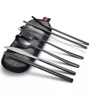 Valkyrie 8 Parça Çantalı Yolculuk Çatal Bıçak Kaşık Pipet Chopstick Seti Kamp Okul Ofis Tatil Paslanmaz Çelik Siyah