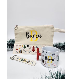 İsme Özel Kişiye Özel Yılbaşı Temalı T Kupa Bardak Latte Fincanı Clutch Çanta Anahtarlık Hediye Seti