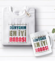 BK Gift Kişiye Özel Dünyanın En İyi Babası Tasarımlı Beyaz Tişört ve Kupa Seti-1 (Model 1)