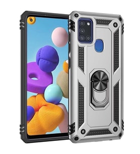 Samsung Galaxy A21S Kılıf Metal For Car Yüzüklü Standlı Military Ring Serisi (Gümüş)