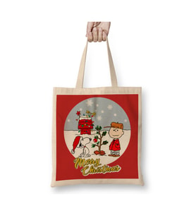 Yılbaşı Yeni Yıl Konseptli Charlie Brown And Snoopy Merry Christmas Beyaz Bez Çanta Uzun Saplı