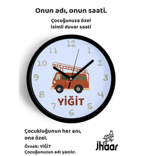 İsme Özel Kırmızı İtfaiye Aracı Çocuk Odası Duvar Saati Orta Boy 30 cm Siyah Camlı Sessiz