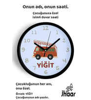 İsme Özel Kırmızı İtfaiye Aracı Çocuk Odası Duvar Saati Orta Boy 30 cm Siyah Camlı Sessiz