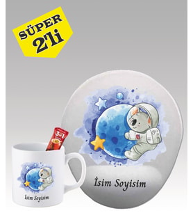 Kişiye Özel Mouse Pad ve Kupa Bardak Seti Astronot Koala Desenli
