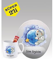 Kişiye Özel Mouse Pad ve Kupa Bardak Seti Astronot Koala Desenli