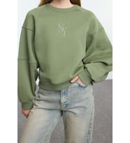 Tarz Regular Bisiklet Yaka Düşük Kol Crop Fit Nakışlı Kalın İçi Polarlı Örme Sweatshirt