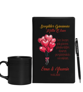 Sevgililer Gününe Özel Siyah Defter Kalem & Varil Kupa Hediye Seti 28