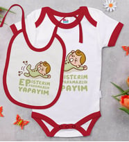 BK Kids Ep İsterim Tasarımlı Kırmızı Bebek Body Zıbın ve Mama Önlüğü Hediye Seti-2