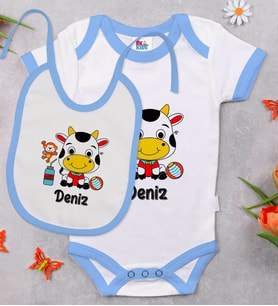 BK Kids Kişiye Özel İsimli Mavi Bebek Body Zıbın ve Mama Önlüğü Hediye Seti-31