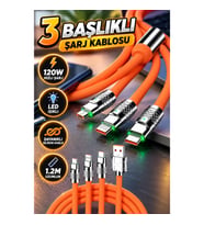 120W LED Işıklı 3 Başlıklı Şarj Kablosu Type-C Micro USB Lightning Uyumlu 1.2m Silikon Metal Uçlu