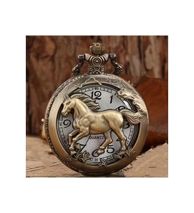 Kişiye Özel At Figürlü Antik Bronz Cep Saati – Nostaljik Quartz Zincirli Saat