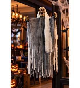 Halloween Cadılar Bayramı Asılabilir Hayalet Sesli Işıklı Sese Duyarlı Gri Kuru Kafalı 50x35 cm
