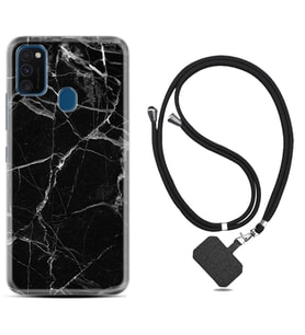 Samsung M21 M22 M23 M30 M31S M32 Kılıf Boyun Askılı Silikon Fragile Black Mermer 1378