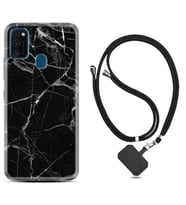 Samsung M21 M22 M23 M30 M31S M32 Kılıf Boyun Askılı Silikon Fragile Black Mermer 1378