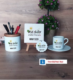 Resim Öğretmeni Hediye Seti Dekoratif Taş, Kalemlik, Ahşap Altlıklı Türk Kahvesi Fincanı, Ahşap Anahtarlık Hediye (Model 2)