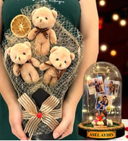 Kişiye Özel Led Işıklı Fanus ve Büyük Boy Kahve Peluş Ayıcık Buketi - Premium Hediye Seti (Model 10)