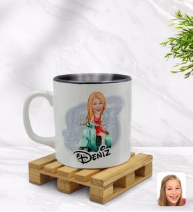 BK Gift Kişiye Özel Kadın Karikatürlü İçi Siyah Renkli Kupa Bardak Model 24