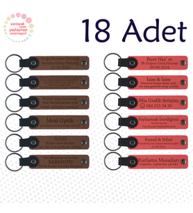 A Kahve & Nar Çiçeği, Akraba Buluşmalarına Küçük Hediye, 18’li Set, Kişisel Mesajlı Deri Anahtarlık
