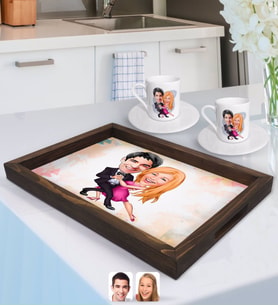 BK Gift Kişiye Özel Sevgililer Karikatürlü Doğal Ahşap Tepsi ve 2’li Kahve Fincan Seti-13