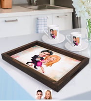 BK Gift Kişiye Özel Sevgililer Karikatürlü Doğal Ahşap Tepsi ve 2’li Kahve Fincan Seti-13