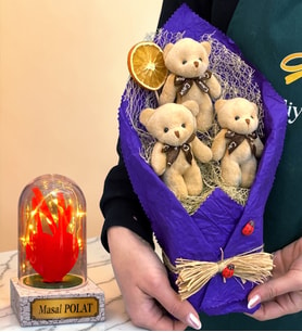 Peluş Ayıcık Buketi ve Kişiye Özel Led Işıklı Kırmızı Kalpli Fanus