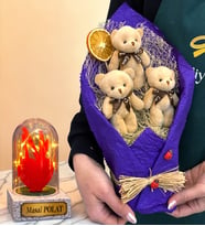 Peluş Ayıcık Buketi ve Kişiye Özel Led Işıklı Kırmızı Kalpli Fanus