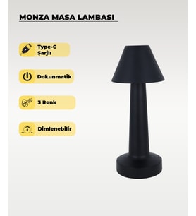 Siyah Monza Masa Lambası - Dokunmatik - 3 Renk Işık