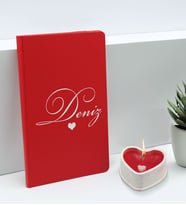 BK Gift Kişiye Özel İsimli Kırmızı Defter ve Kalp Taş Obje Kokulu Mum Hediye Seti-1, Sevgiliye Hediye, Arkadaşa Hediye