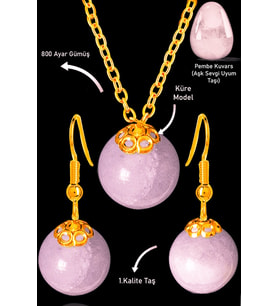 Sertifikalı Gold Küre Model Pembe Kuvars Taşı Kolye ve Küpe Seti - Açık Renk (Çok Renkli)