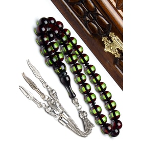 Erkek Alpaka Püsküllü 10mm Bordo Yeşil Sürmeli Kokulu Toz Kehribar Tesbih (Çok Renkli)