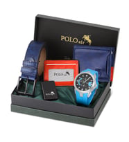 Polo Air Erkek Set Kombin Kemer Cüzdan Kartlık Çakmak Kol Saati Hediyelik Kutusunda Set PL-0974E (Mavi)