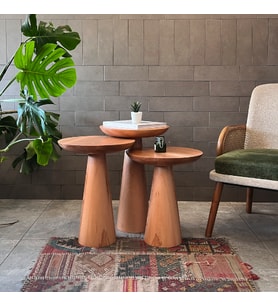 3'lü Zigon Mantar Sehpa Mushroom  Masif Ahşap Modern Yan Sehpa Takımı