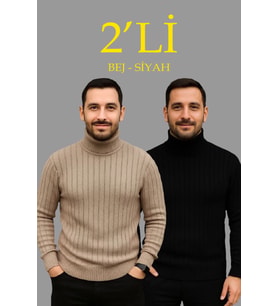 Erkek Fitilli Triko Kazak 2li Set Bej Siyah Regular Balıkcı Yaka Tam Boğazlı Triko Seti Modeli Kazak