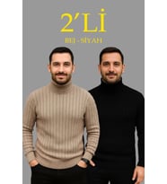 Erkek Fitilli Triko Kazak 2li Set Bej Siyah Regular Balıkcı Yaka Tam Boğazlı Triko Seti Modeli Kazak