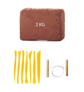 Kahve Çamur Kırmızı Kil Seramik Hamuru 2 kg Plastik Ebeşuar Seti 7 Parça Çamur Kesme Teli