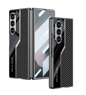 Galaxy Z Fold 6 Kılıf Ultra İnce Kamera Korumalı PC + Karbon Fiber Tasarımlı Arka Yüzey Kıpta Poligan Kılıf (Siyah)