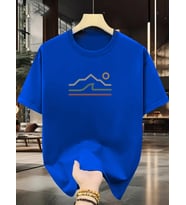 Unisex Güneşli Dağ Tasarım Basklı Tshirt (Mavi)