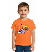 Unisex Pikaçu Baskılı Çocuk Tişört pamuklu penye kumaş (Oranje)