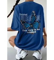 Unisex Sax Mavi Sırt Kelebek Baskılı T-shirt