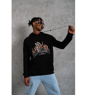 Erkek Oversize Kapüşonlu Sweatshirt – Siyah Renk Üç İplik İçi Pamuklu Kanguru Cepli Baskılı Hoodie R