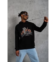 Erkek Oversize Kapüşonlu Sweatshirt – Siyah Renk Üç İplik İçi Pamuklu Kanguru Cepli Baskılı Hoodie R