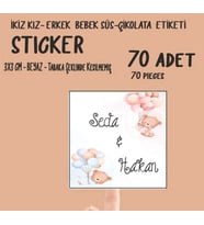 İkiz Erkek Kız Bebek Çikolata ve Süs Etiketi 70 Adet Yapışkanlı