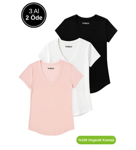 Kadın 3'lü Paket Siyah-Beyaz-Pudra %100 Organik Pamuk Normal Kesim Tişört V Yaka T-Shirt