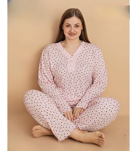 Pijamerry Kadın Büyük Beden Dantel Yaka Bambu Uzun Kol İnce Pijama Takımı 5674 - 1 Adet (Pudra)