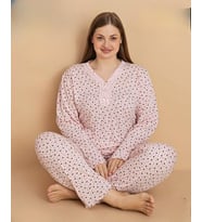 Pijamerry Kadın Büyük Beden Dantel Yaka Bambu Uzun Kol İnce Pijama Takımı 5674 - 1 Adet (Pudra)