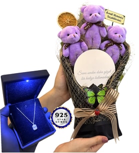 Işıklı Kutusunda 925 Ayar Gümüş Kolye ve Size Özel Aynalı Mor Ayıcık Buketi (Model 5)