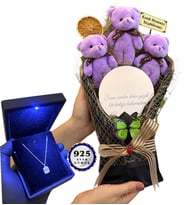 Işıklı Kutusunda 925 Ayar Gümüş Kolye ve Size Özel Aynalı Mor Ayıcık Buketi (Model 5)