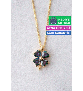Jewelmim Mistik Taşlı Dört 4 Yapraklı Yonca Gümüş Kolye Sarı Altın Kaplama 925 Ayar Kadın Gümüş Yonca Kolye (Sarı)