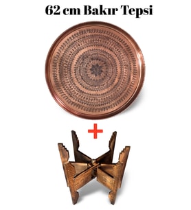 62 cm El İşlemeli Otantik Desenli Kalın Urfa Bakır Tepsi + Katlanabilir Sehpa - BAKIR-TPS502